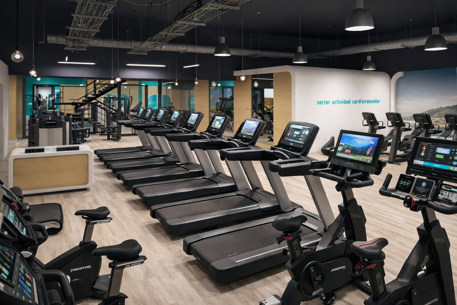 Salle de cardio avec tapis et elliptiques de la salle Synergym au Paseo Marítimo Pablo Ruiz Picasso, Málaga · design de Klic Arquitectos