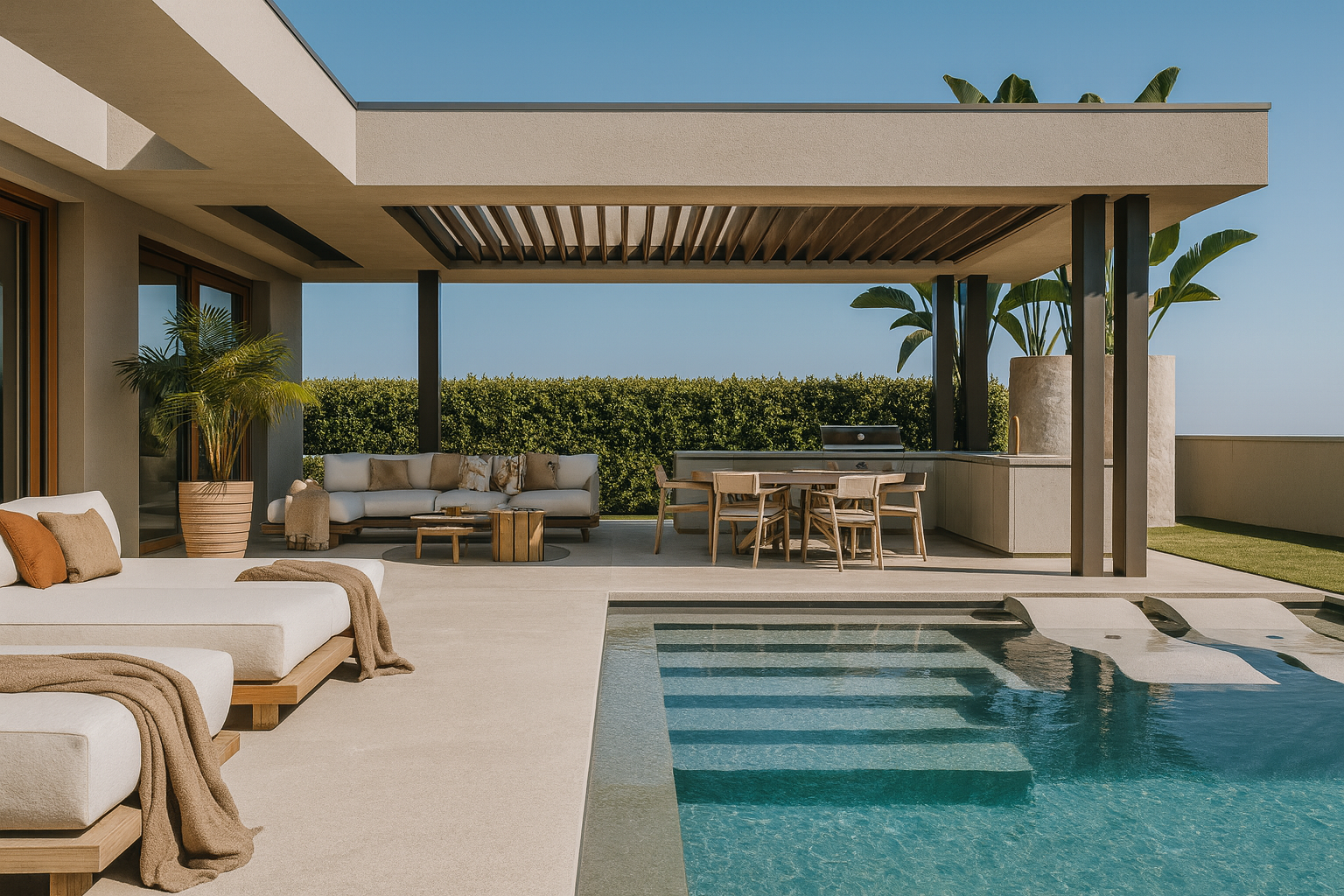 Terraza con piscina de Villa Boho en Colinas del Limonar (Málaga) por Klic Arquitectos