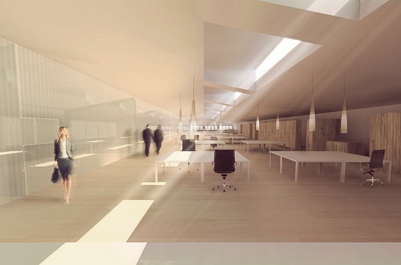 Rendering des Coworking Carranza im Viertel El Olivar, Málaga · Innenansicht mit Lichtkämmen und langen Tischen · Projekt von Klic Arquitectos