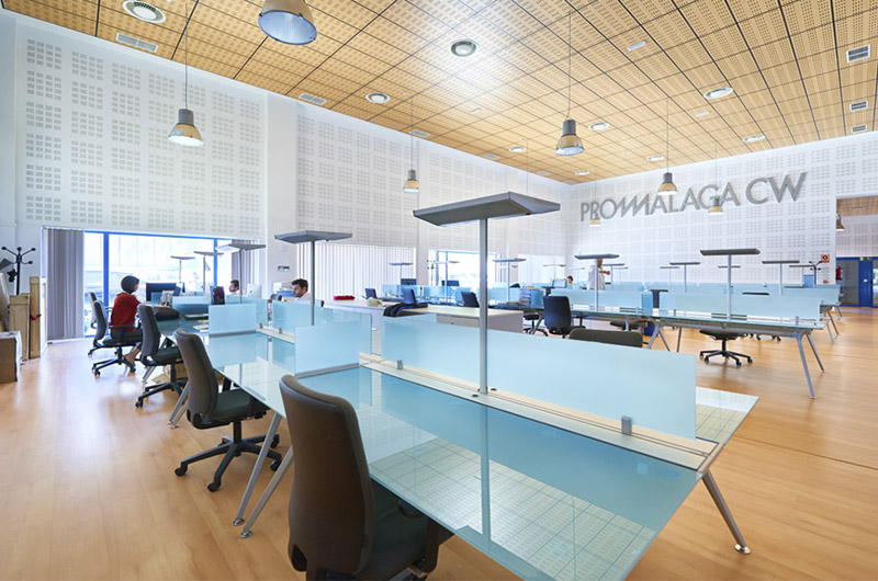 Coworking PROMÁLAGA CW en el Parque Tecnológico de Andalucía con rótulo corporativo, puestos de trabajo y mamparas de vidrio templado azul por Klic Arquitectos