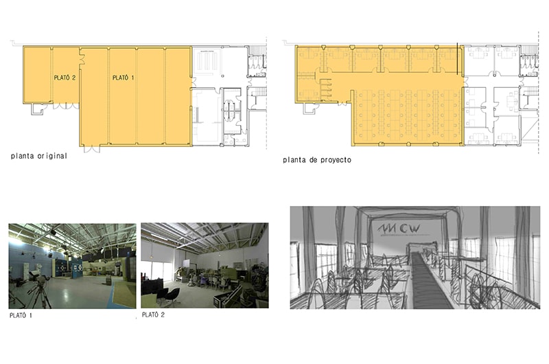 Vergleichsplan des ursprünglichen Geschosses mit zwei Studios und des Projektgeschosses des Coworking PROMÁLAGA CW im Technologiepark von Andalusien von Klic Arquitectos