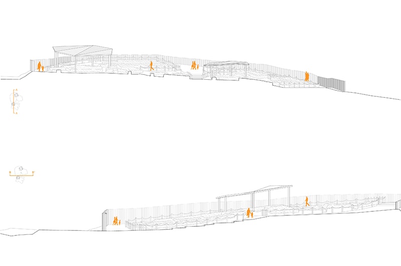 Sección longitudinal del yacimiento arqueológico Villa Romana de Cortijo Robledo · siglo V d.C. en Antequera (Málaga) · documentación del proyecto de Klic Arquitectos