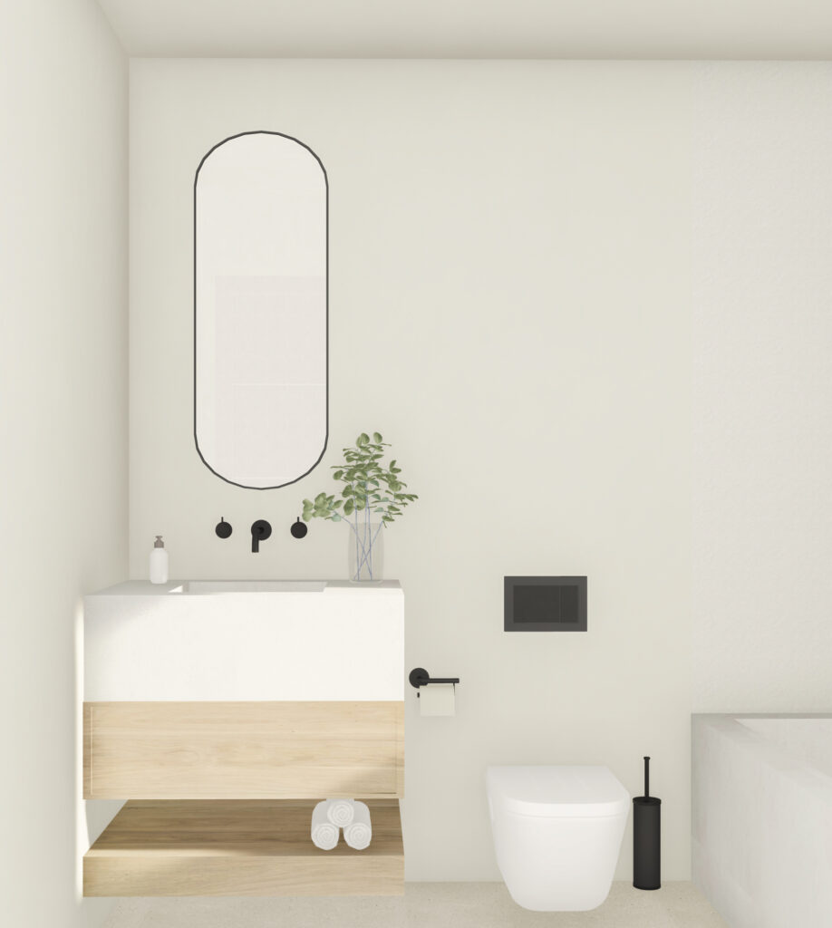 Baño con espejo cápsula de Casa Cotton en Nerja (Málaga) por Klic Arquitectos