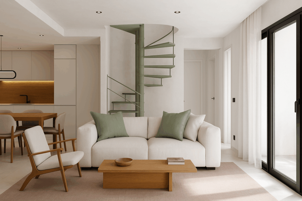 Salón con escalera de caracol de Casa Cotton en Nerja (Málaga) por Klic Arquitectos