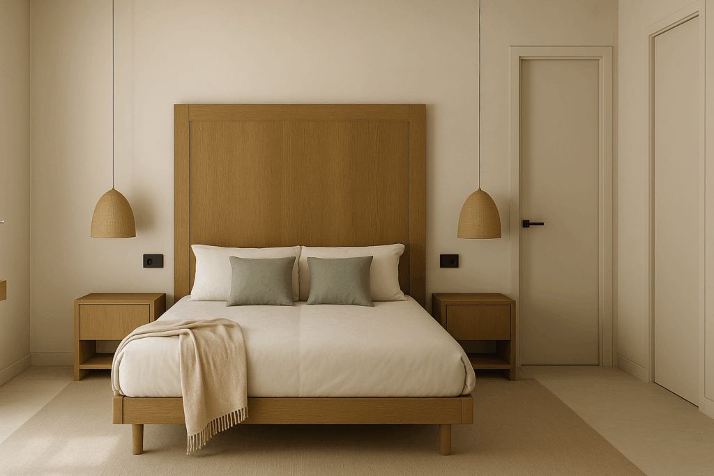 Dormitorio con cabecero de listones de Casa Cotton en Nerja (Málaga) por Klic