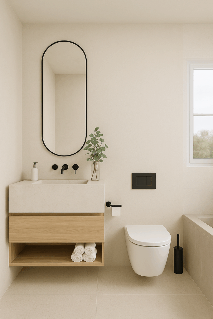 Baño con espejo cápsula y ventana de Casa Cotton en Nerja (Málaga) por Klic
