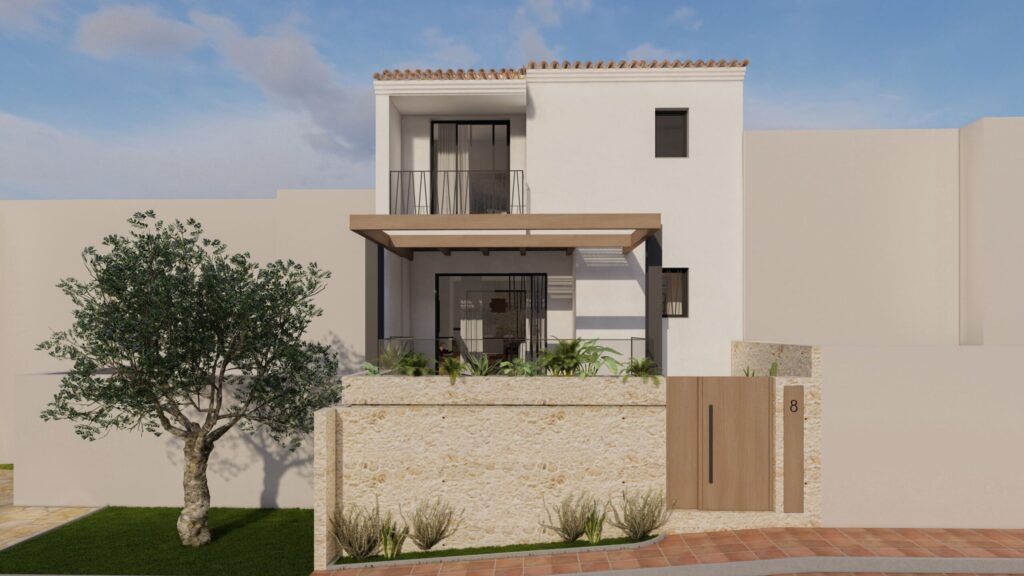 Fachada con olivo de Casa Cotton, vivienda en Nerja (Málaga) por Klic Arquitectos