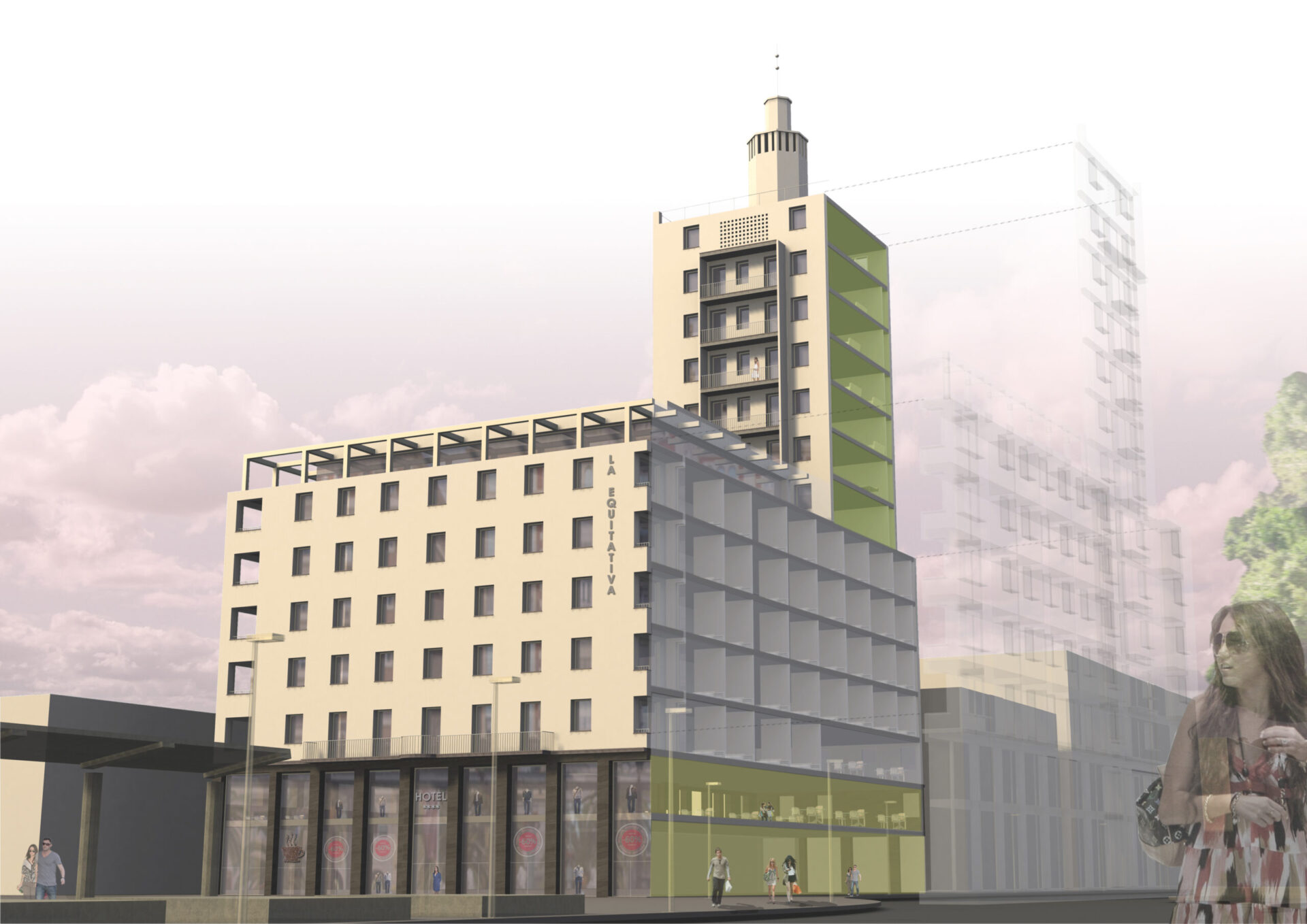 Fotomontage des Entwurfs von Klic Arquitectos für das historische Gebäude La Equitativa gegenüber der Calle Larios in Málaga · Mischnutzungseingriff an einem modernistischen Gebäude im historischen Zentrum