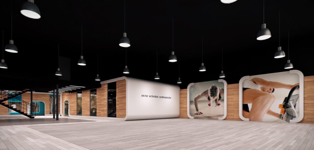 Vista general del centro Synergym con recepción en Málaga por Klic Arquitectos