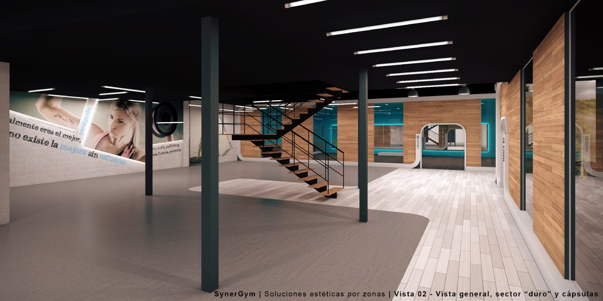 Zone de force avec escalier au fond de la salle Synergym à Los Guindos, Málaga · design de Klic Arquitectos