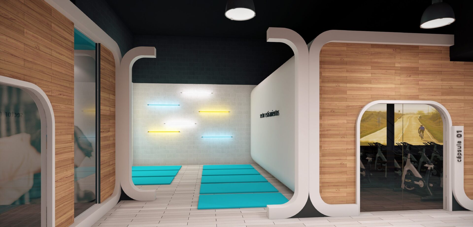 Studio capsule pour entraînements spécialisés de la salle Synergym à La Trinidad, Málaga · design de Klic Arquitectos