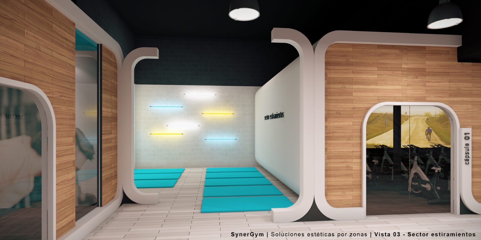 Salle capsule avec sol technique bleu de la salle Synergym à Estepona, à côté de l'Orchidarium · design de Klic Arquitectos