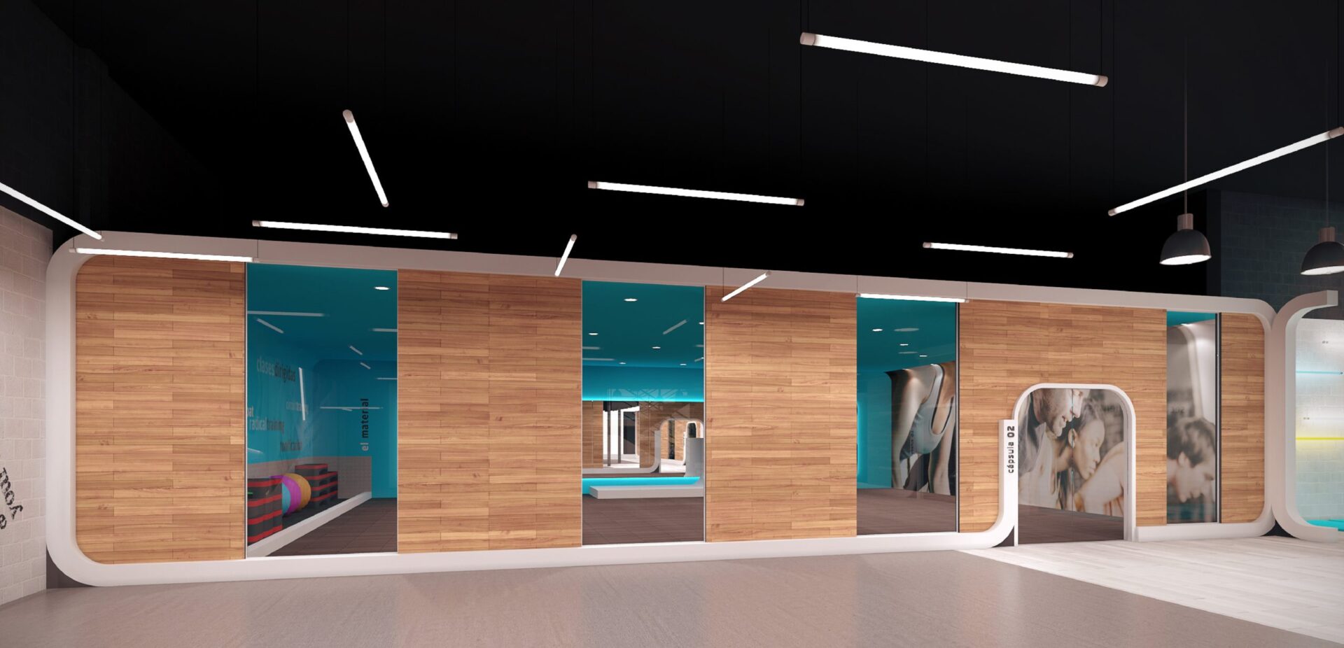 Couloir de distribution vers les studios de la salle Synergym à Estepona, à côté de l'Orchidarium · design de Klic Arquitectos