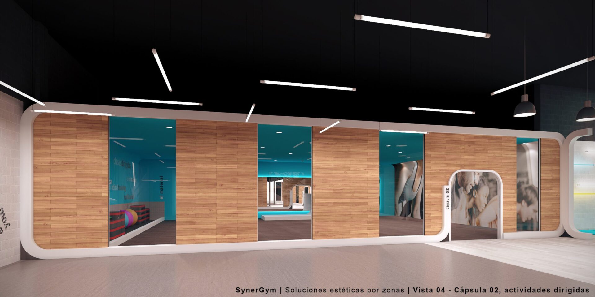 Vestibule des studios avec éclairage linéaire de la salle Synergym à Los Tilos, Málaga · design de Klic Arquitectos
