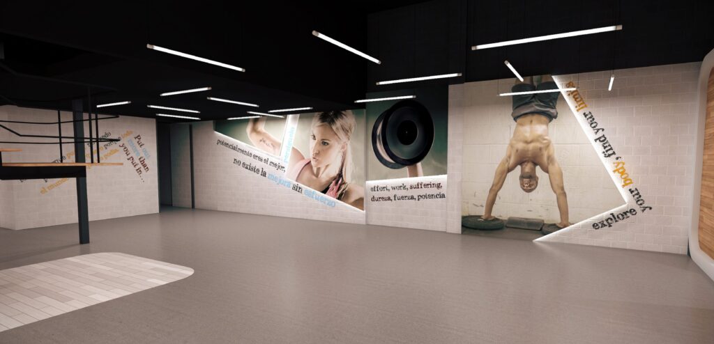 Zona de entrenamiento funcional del gimnasio Synergym en Málaga por Klic Arquitectos