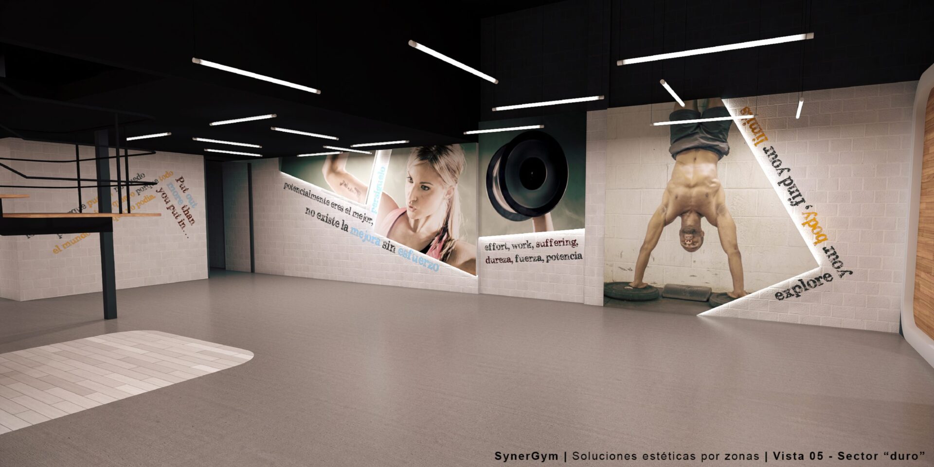 Zone fonctionnelle avec muraux motivationnels dans la salle Synergym à Los Guindos, Málaga · design de Klic Arquitectos