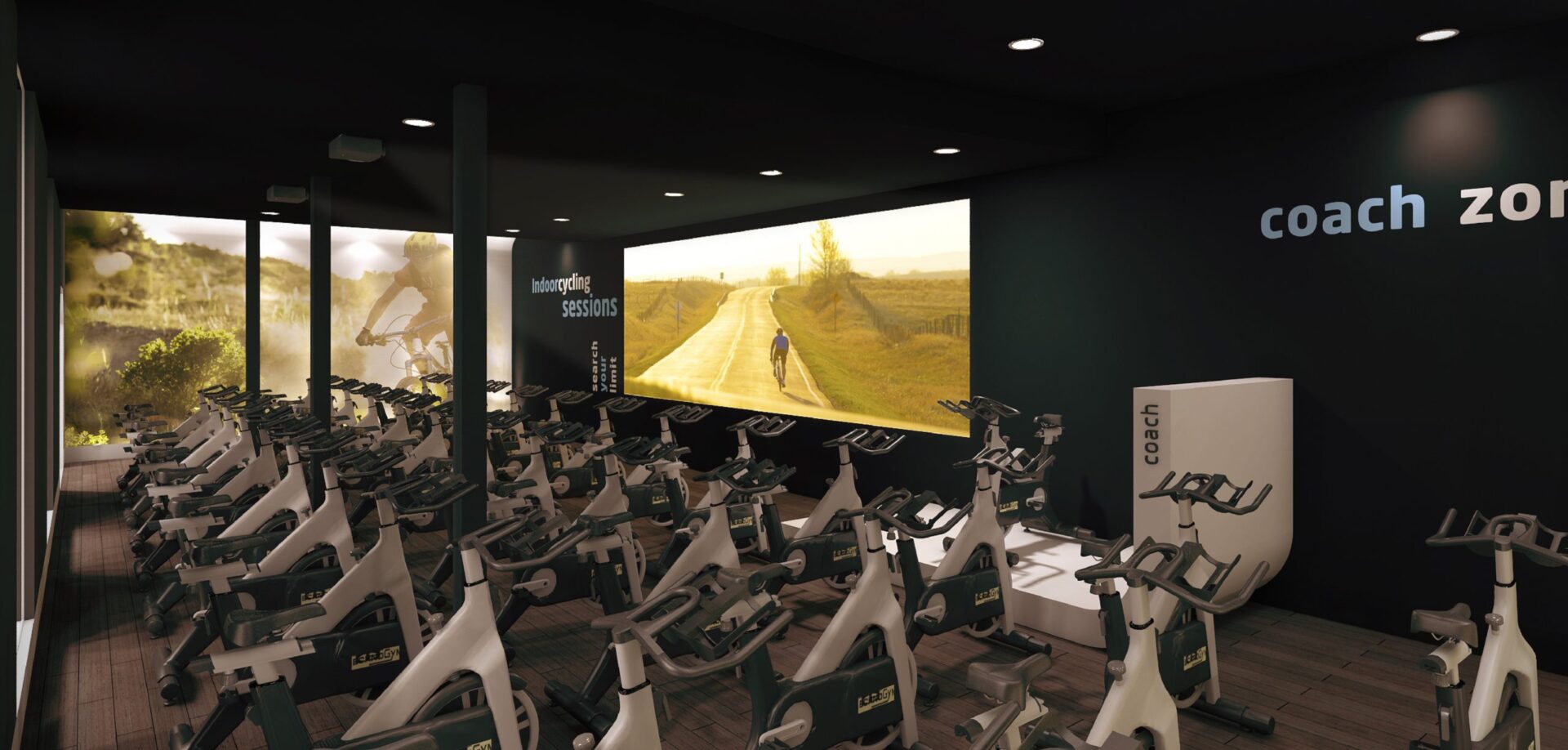 Studio de spinning avec écran immersif de la salle Synergym à Marbella centre · design de Klic Arquitectos