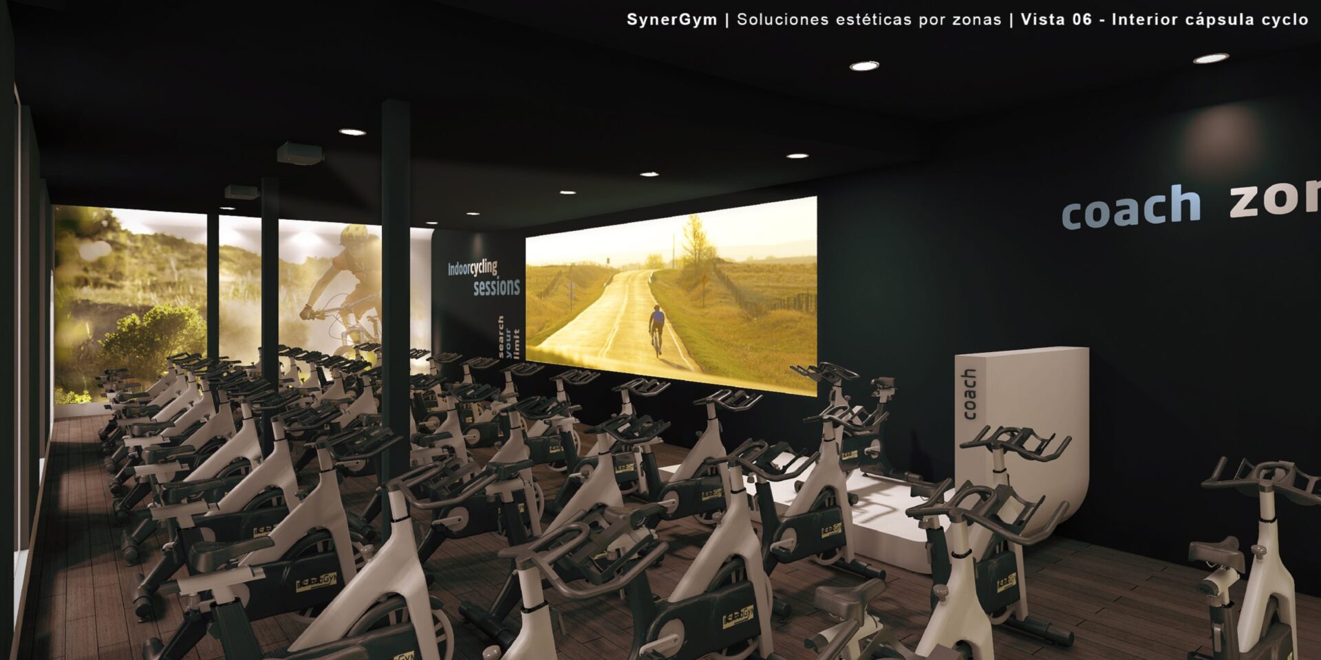 Studio de coaching et cycling indoor de la salle Synergym à La Trinidad, Málaga · design de Klic Arquitectos