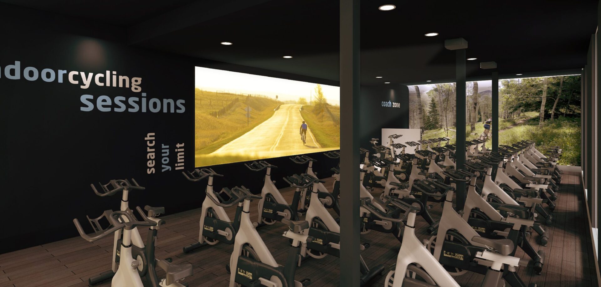 Studio de cycling indoor de la salle Synergym à Estepona, à côté de l'Orchidarium · design de Klic Arquitectos
