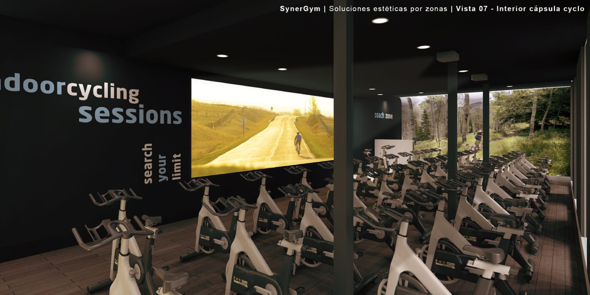 Studio de spinning, vue panoramique, de la salle Synergym au Paseo Marítimo Pablo Ruiz Picasso, Málaga · design de Klic Arquitectos