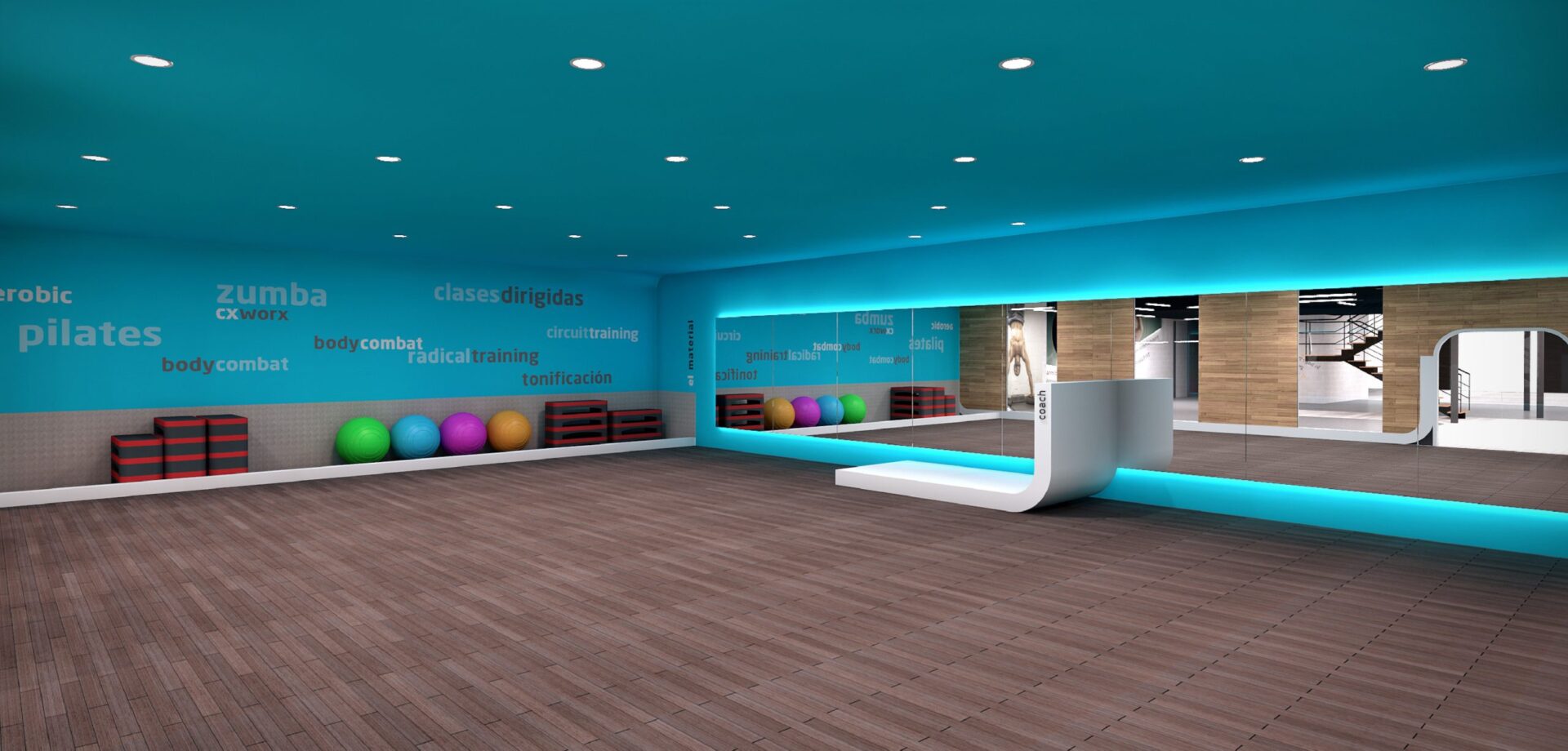 Salle de force avec miroirs de la salle Synergym à Avenida de Mijas, Fuengirola · design de Klic Arquitectos