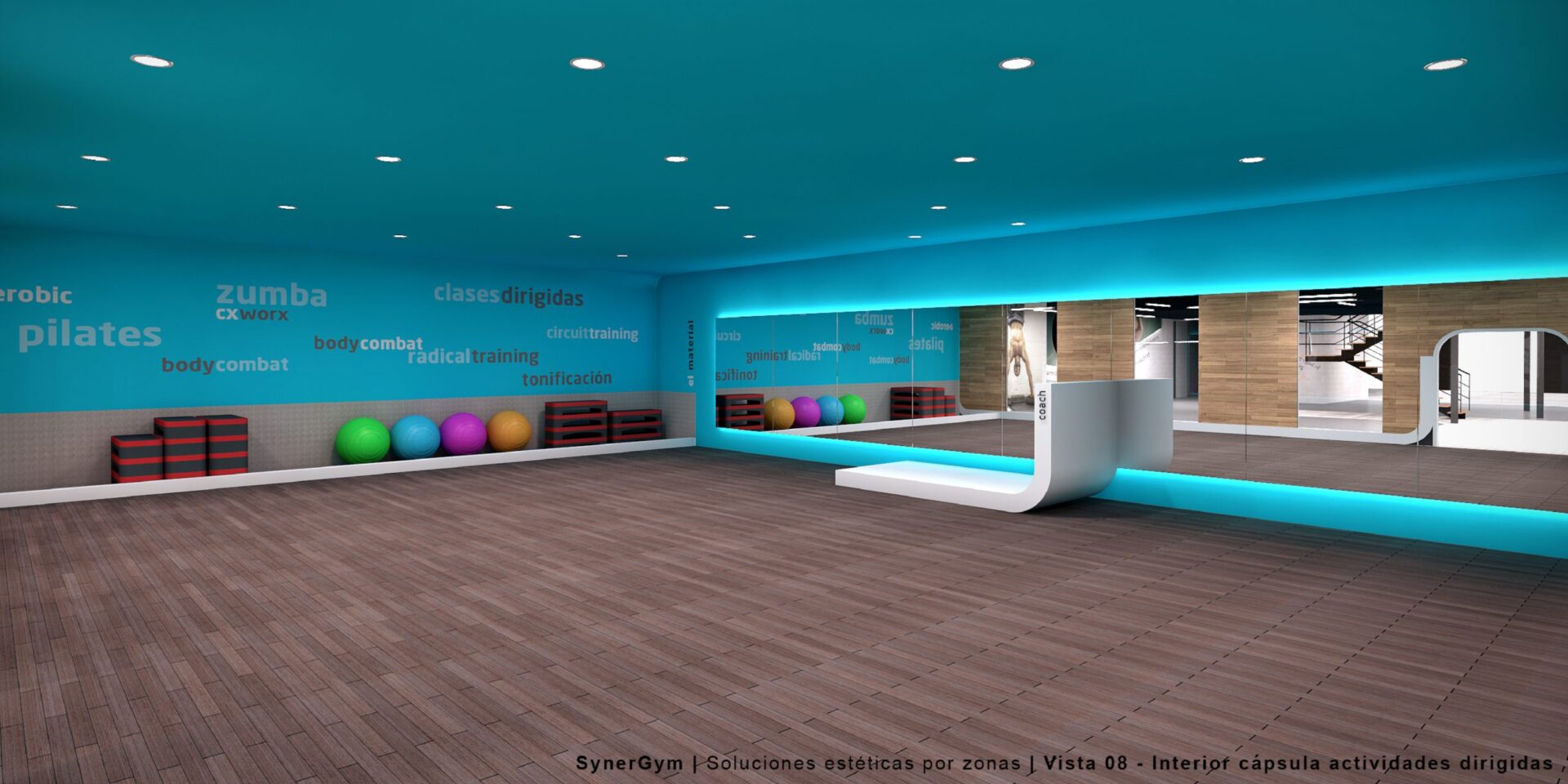 Studio fitness avec miroirs et fitballs de la salle Synergym à La Trinidad, Málaga · design de Klic Arquitectos