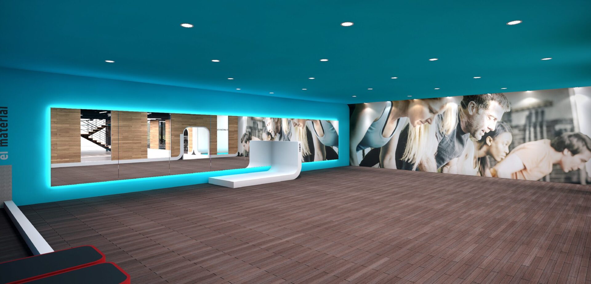 Studio polyvalent avec mural graphique de la salle Synergym à Marbella centre · design de Klic Arquitectos