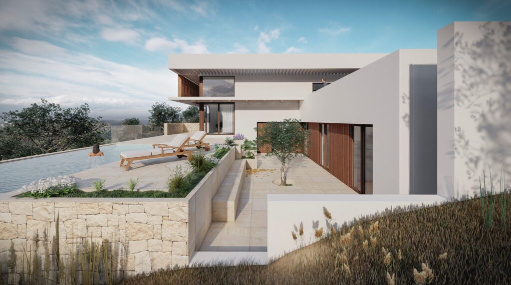 Render de vivienda unifamiliar con muros de piedra en Parcela 90, Antequera (Málaga) por Klic Arquitectos