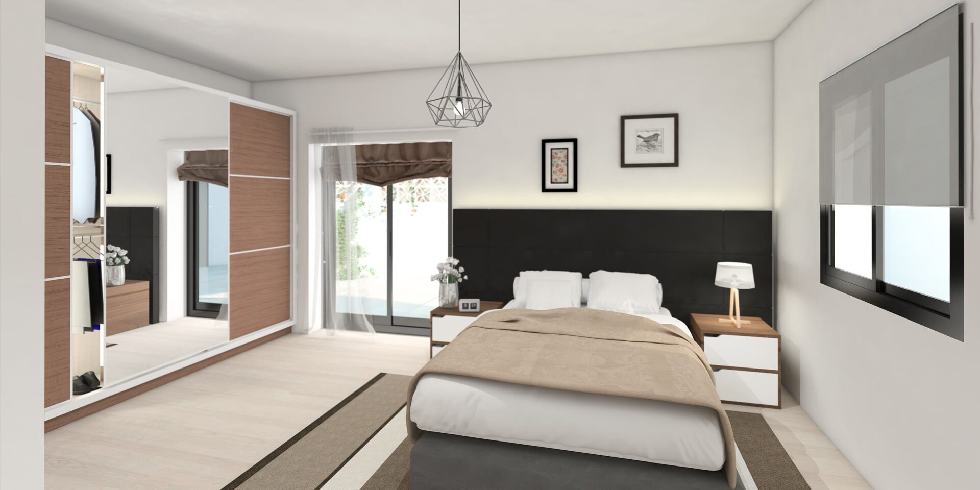 Render de dormitorio con vestidor, reforma de villa por Klic Arquitectos