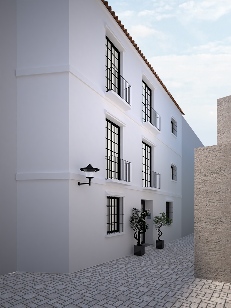 Render de apartamento turístico del Edificio MOSS, reforma integral plurifamiliar en Málaga centro por Klic Arquitectos