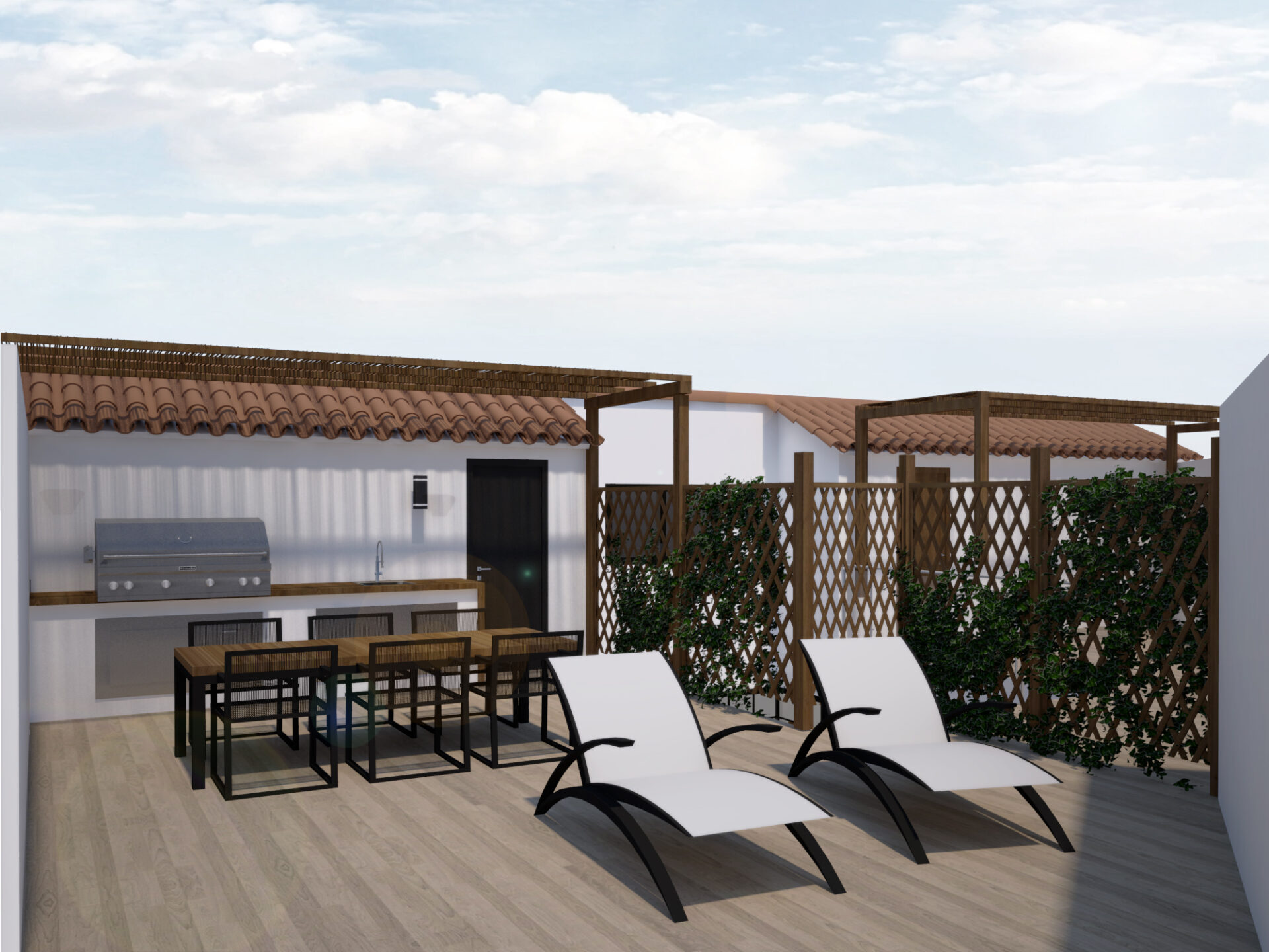 Render de salón-comedor de apartamento turístico en el Edificio MOSS, reforma integral plurifamiliar Málaga centro por Klic Arquitectos