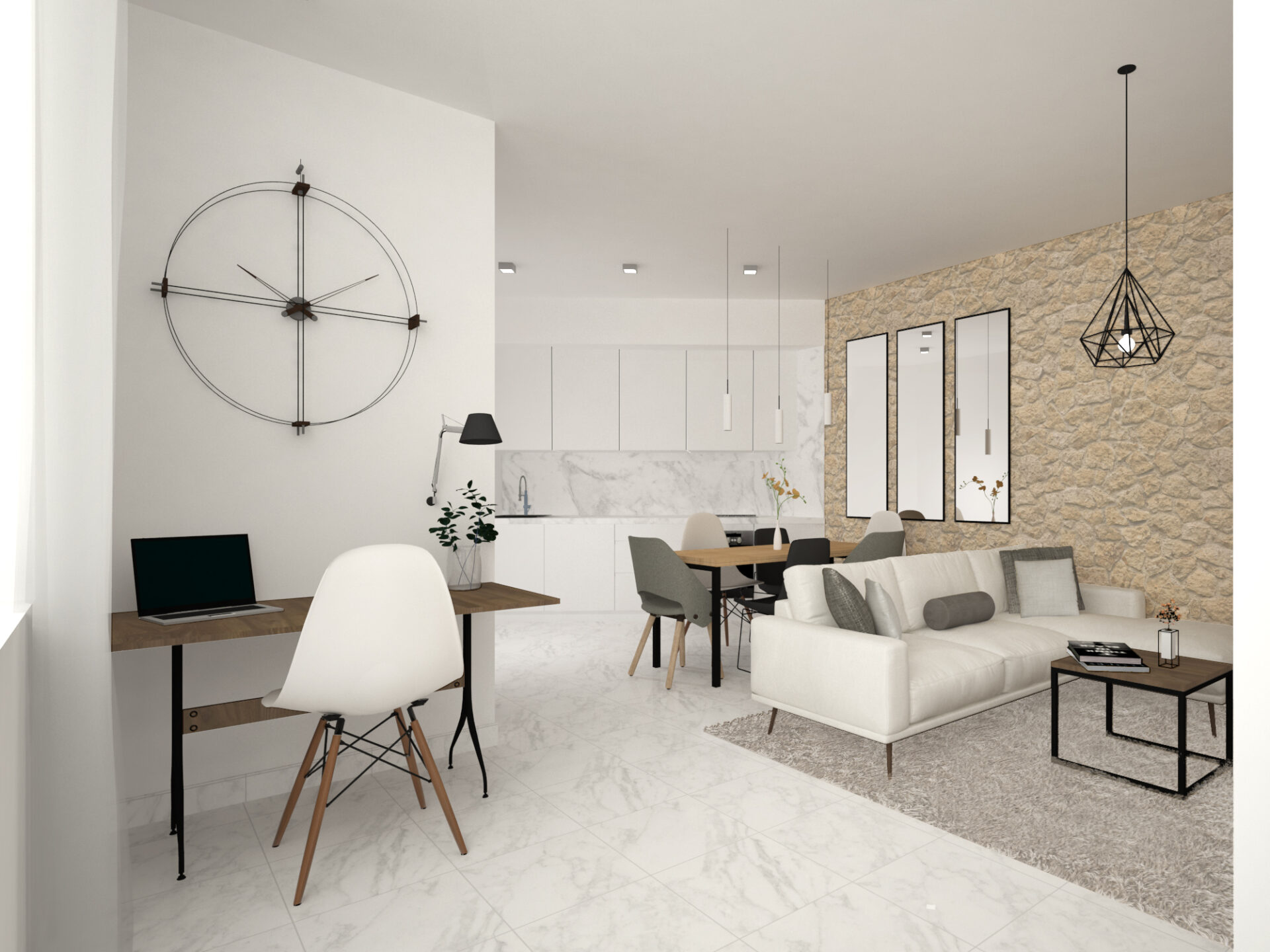 Render de cocina integrada en apartamento turístico del Edificio MOSS en Málaga centro, reforma plurifamiliar por Klic Arquitectos