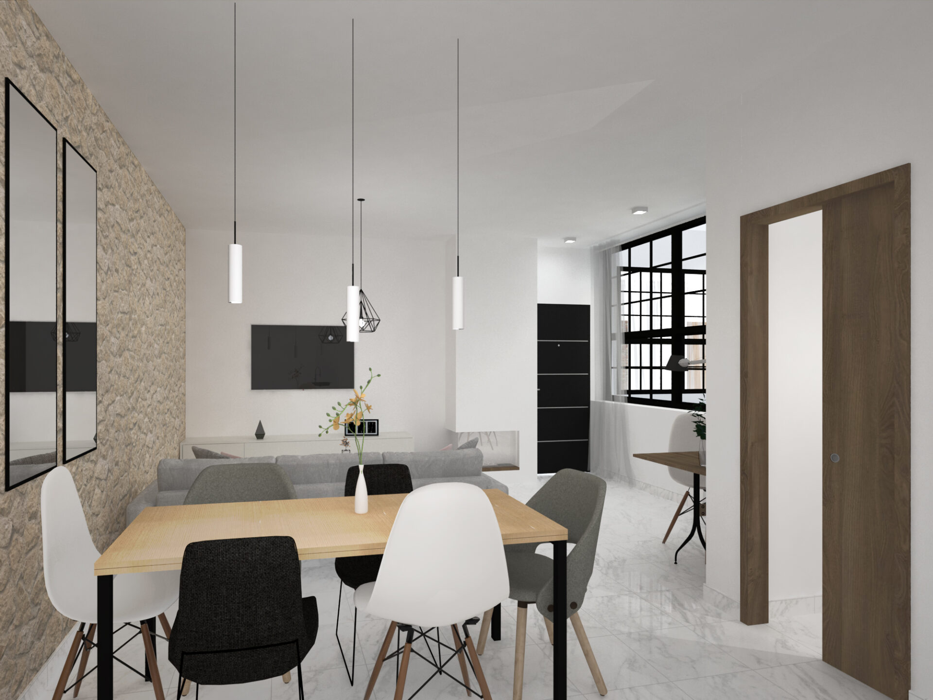 Render de dormitorio principal en apartamento turístico del Edificio MOSS en Málaga centro, reforma plurifamiliar por Klic Arquitectos