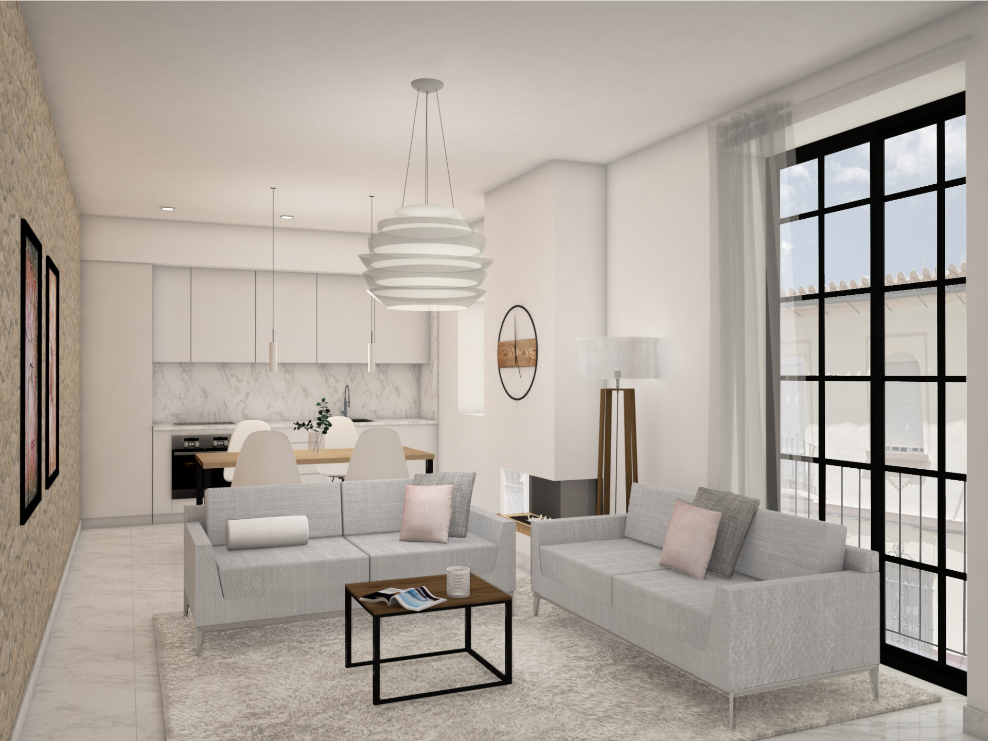Render de zona de estar y trabajo en apartamento turístico del Edificio MOSS en Málaga centro por Klic Arquitectos