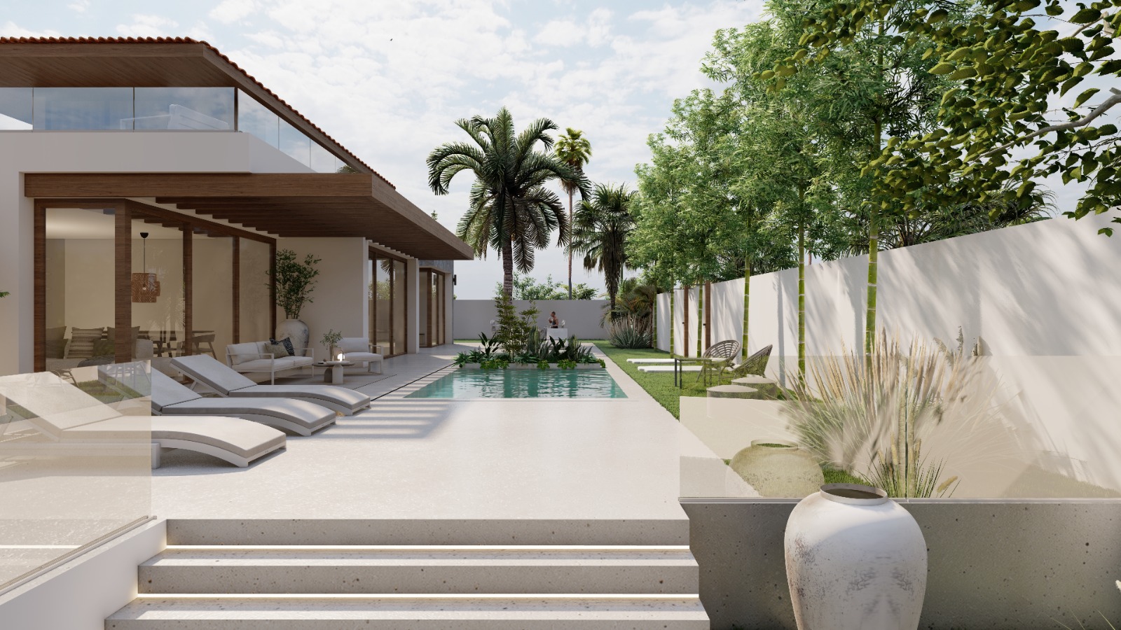 Piscina con palmeras y tinajas de barro en Casa Caliza, Benalmádena Pueblo (Málaga), por Klic Arquitectos