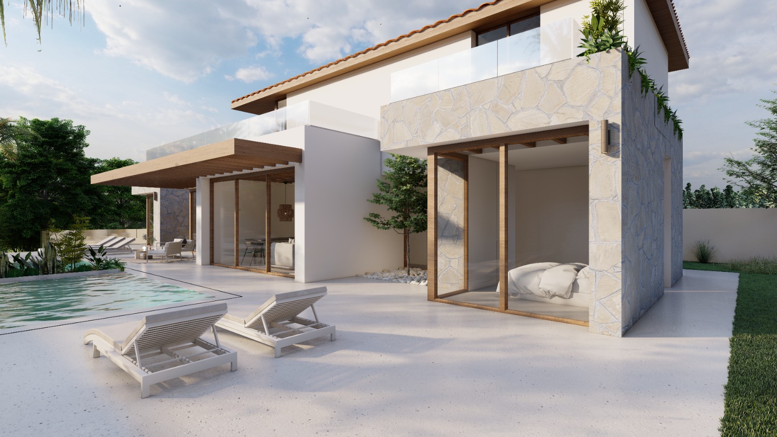 Vista lateral de piscina y porche en Casa Caliza, Benalmádena Pueblo (Málaga), por Klic Arquitectos
