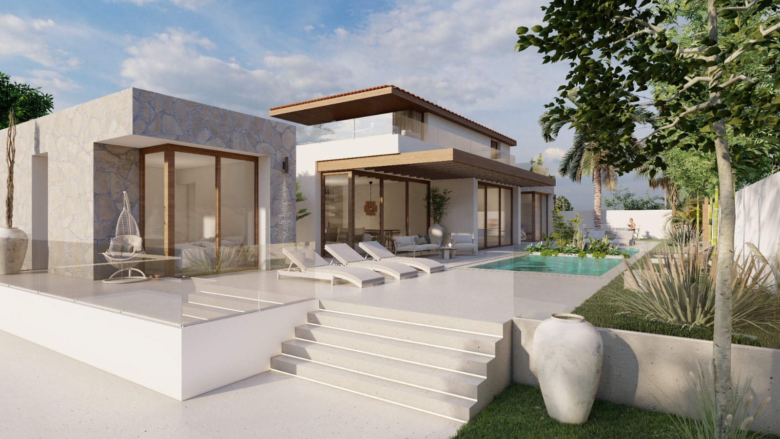 Terraza con piscina y tumbonas en Casa Caliza, Benalmádena Pueblo (Málaga), por Klic Arquitectos
