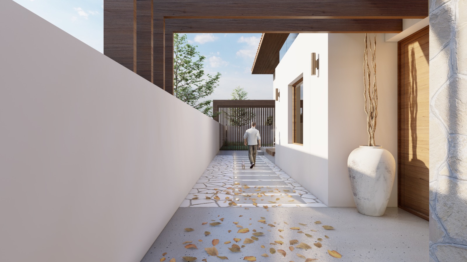 Corredor exterior con muros blancos en Casa Caliza, Benalmádena Pueblo (Málaga), por Klic Arquitectos