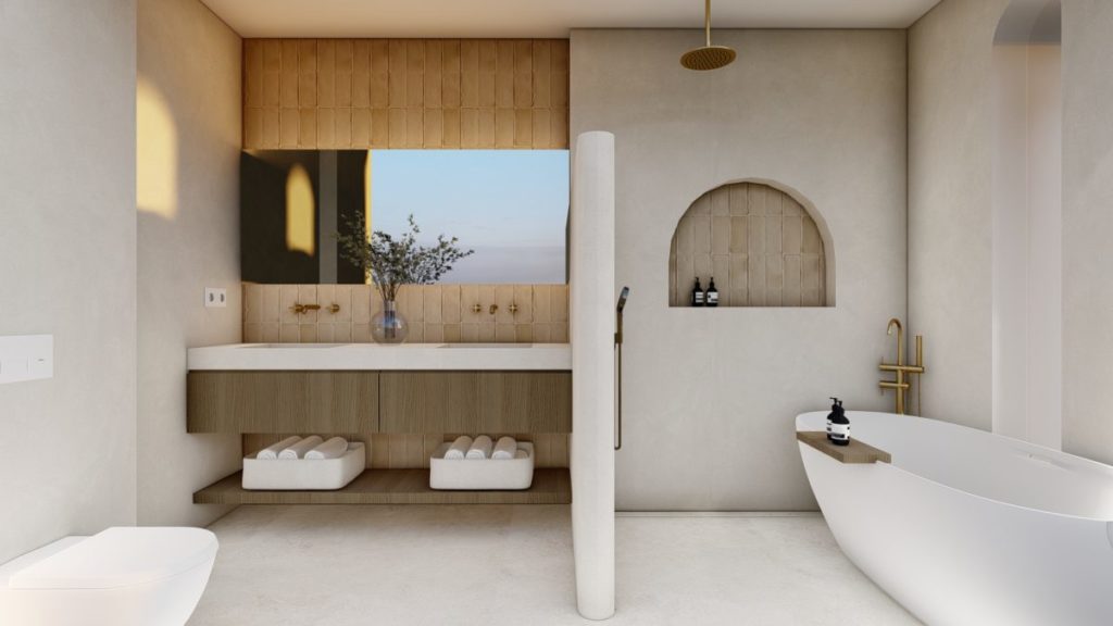 Baño en suite con bañera exenta y hornacina arqueada de Casa Los Olivos en Rincón de la Victoria (Málaga) por Klic Arquitecto