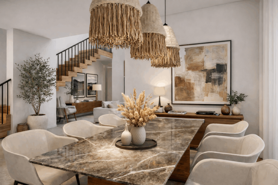 Essbereich mit Treppe und Leuchten aus Naturfaser von Casa Bluma, Sanierung mit Erweiterung und Interior Design in Vélez-Málaga von Klic Arquitectos
