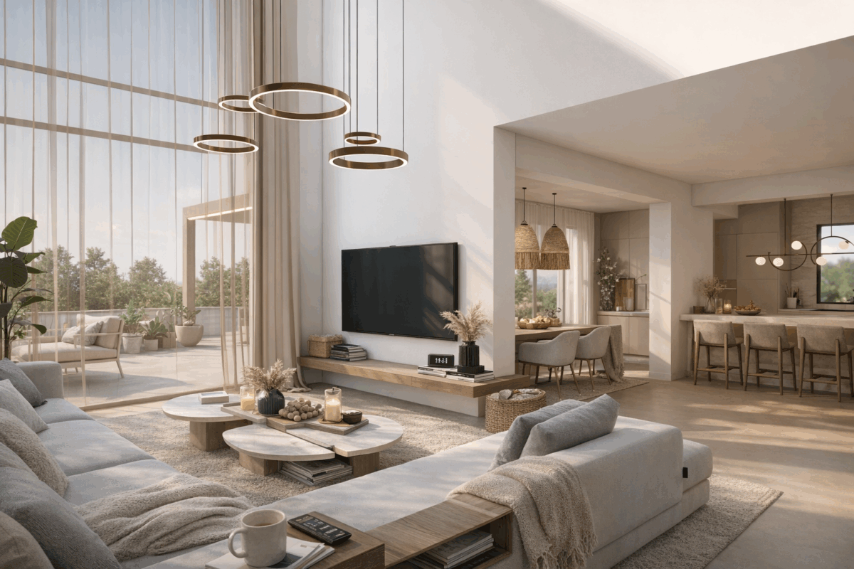 Wohnraum in doppelter Höhe mit offener Küche und Essbereich von Casa Bluma, Sanierung mit Erweiterung und Interior Design in Vélez-Málaga von Klic Arquitectos
