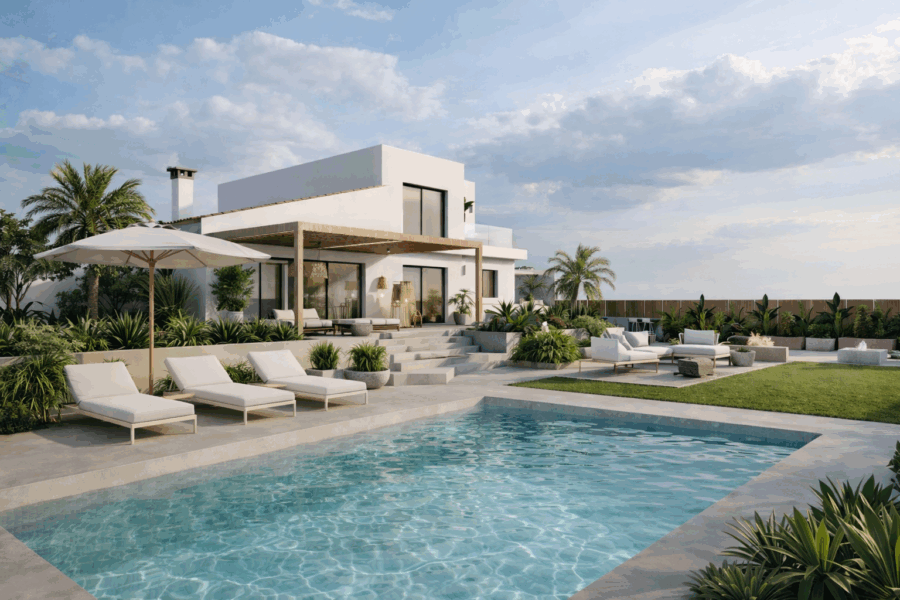 Fachada con piscina y zona de tumbonas entre palmeras de Casa Bluma, reforma con ampliación e interiorismo en Vélez-Málaga (axarquía) por Klic Arquitectos