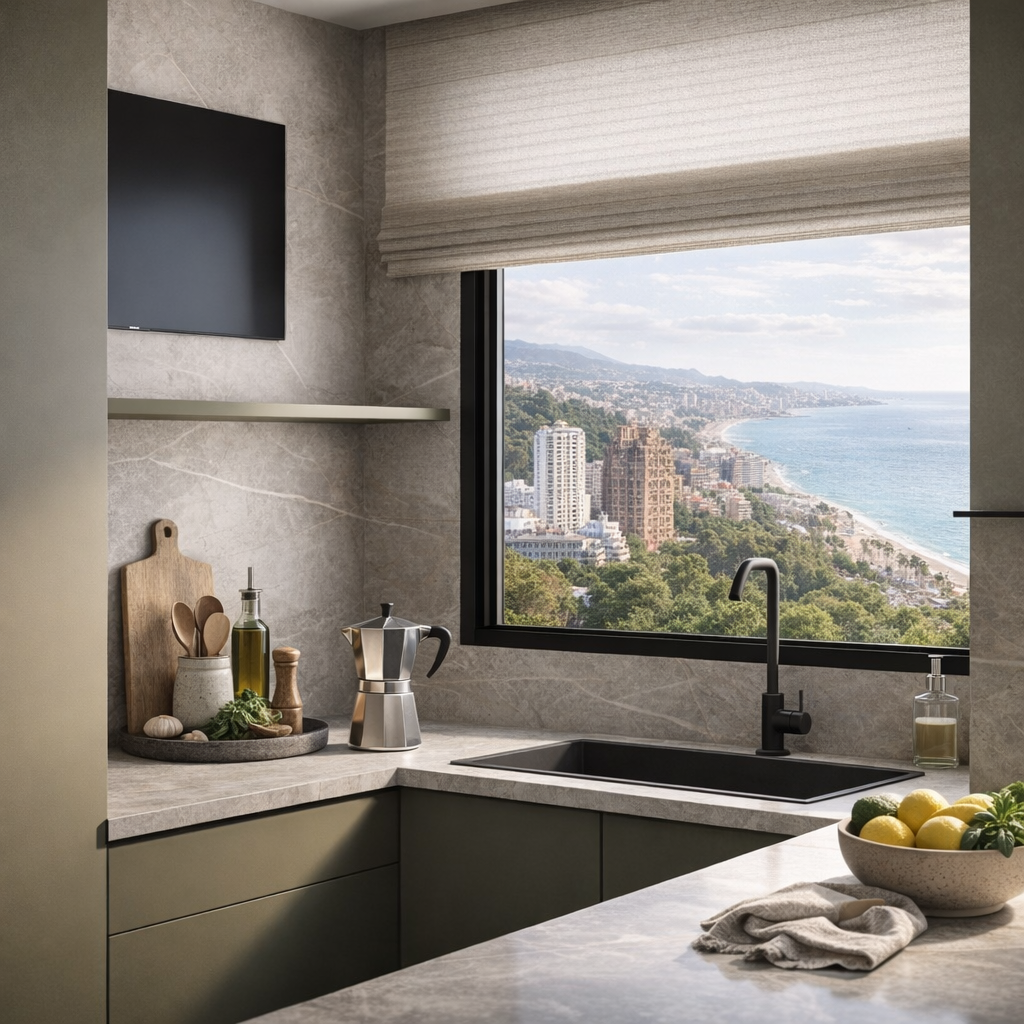 Cocina abierta con isla y vistas a la bahía de Málaga · Casa Caoba · reforma de detalle con interiorismo en primera línea de playa de Torremolinos por Klic Arquitectos