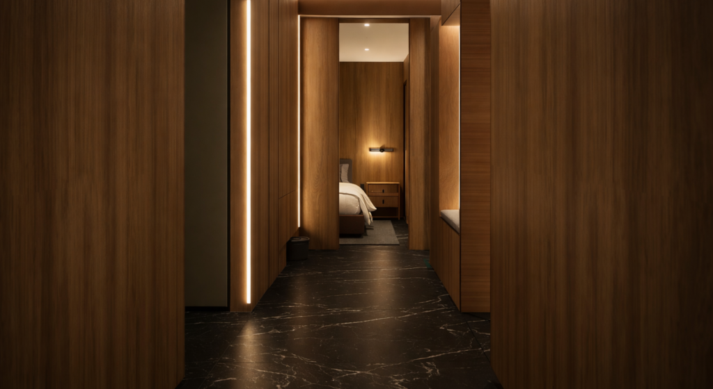 Hall con paneles de madera de Casa Caoba en Torremolinos (Málaga) por Klic Arquitectos