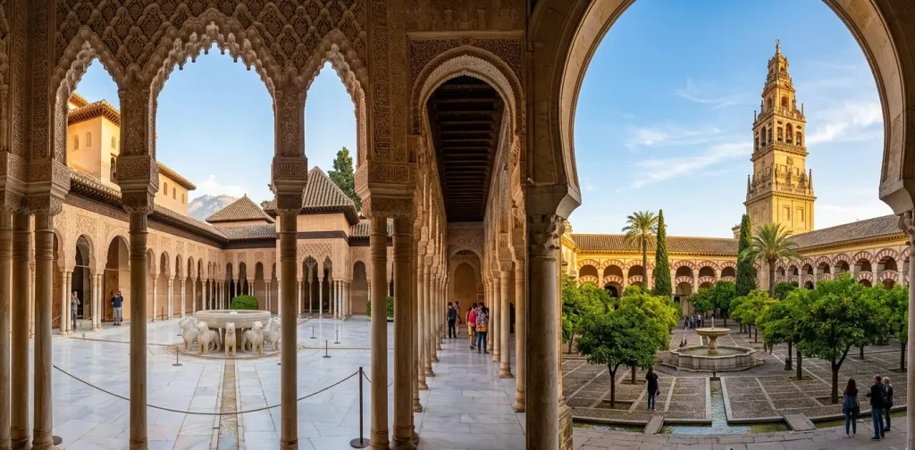 Cour des Lions (Alhambra, Grenade) et Cour des Orangers (Mosquée de Cordoue).