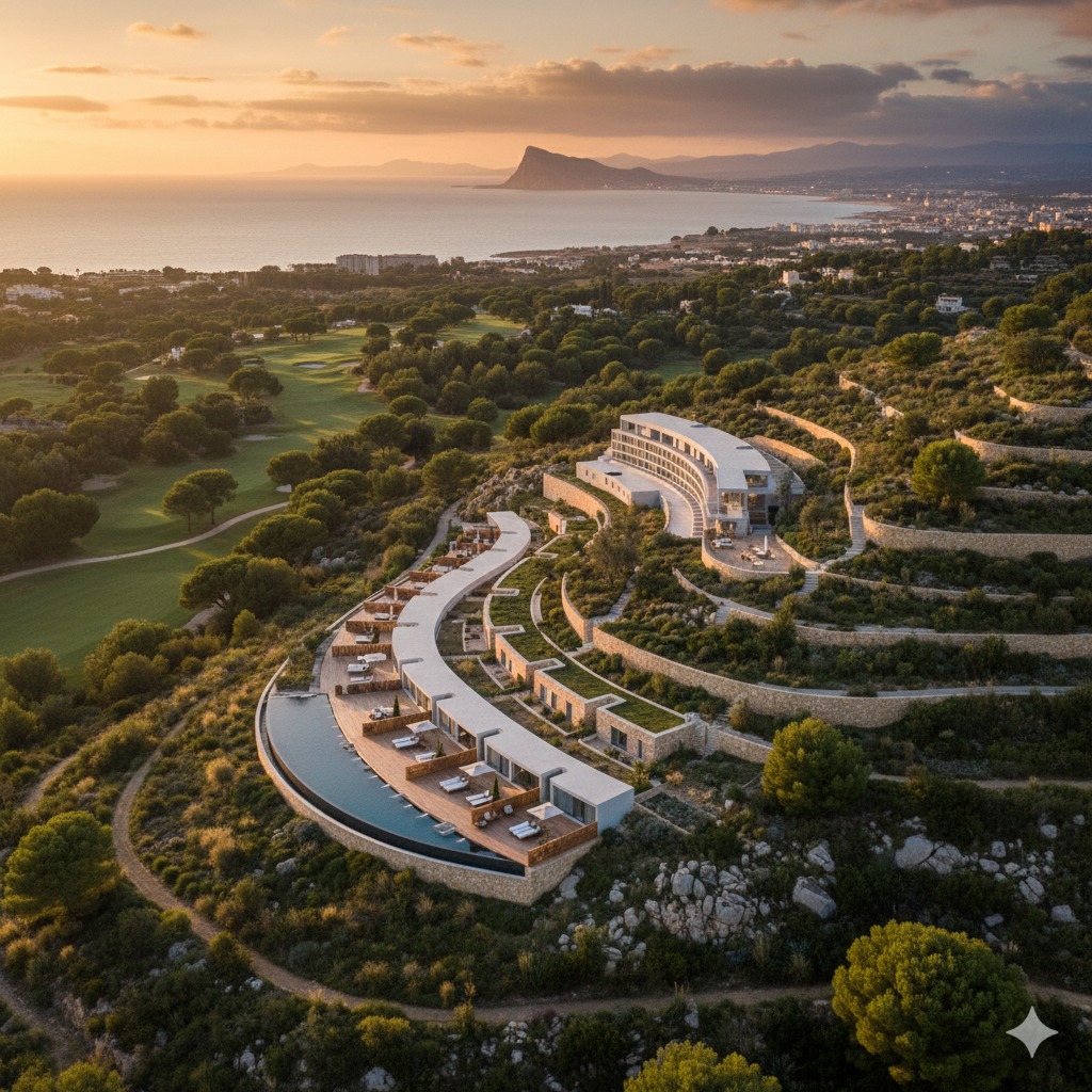 Hotel Origen: vista aérea del entorno de Alcaidesa, con campos de golf al atardecer junto al Estrecho de Gibraltar (La Línea de la Concepción y San Roque, Cádiz), proyecto hotelero en fase de concepto por Klic Arquitectos