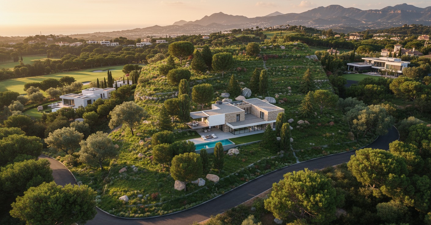 Vista aérea de Villa Rouse, vivienda unifamiliar contemporánea entre colinas con vistas al Mediterráneo en Benahavís (Málaga), proyectada por Klic Arquitectos