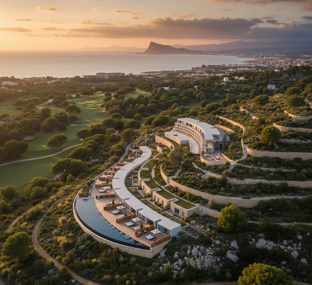 Hotel Origen: vista aérea del entorno de Alcaidesa, con campos de golf al atardecer junto al Estrecho de Gibraltar (La Línea de la Concepción y San Roque, Cádiz), proyecto hotelero en fase de concepto por Klic Arquitectos
