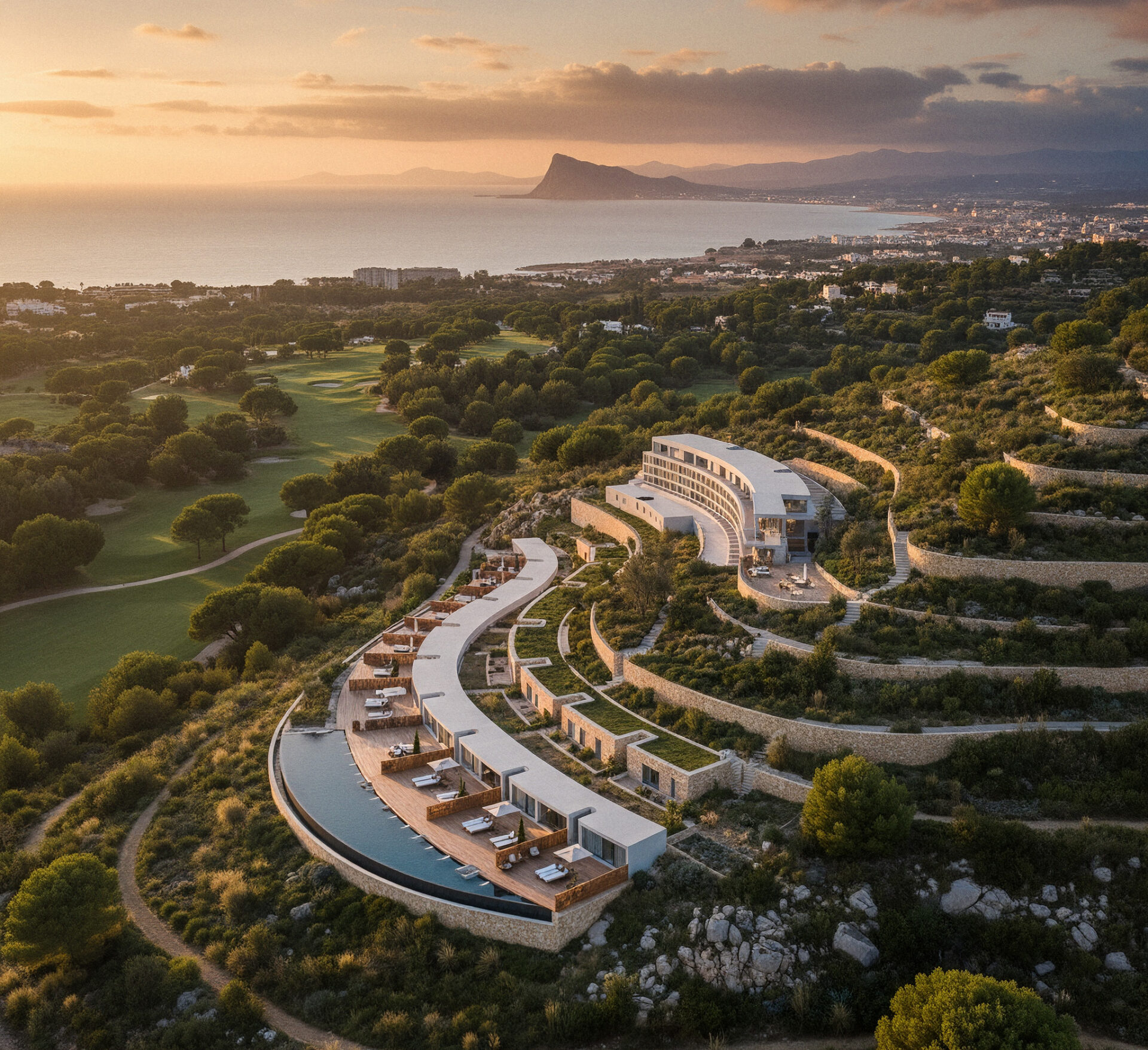 Hotel Origen: vista aérea del entorno de Alcaidesa, con campos de golf al atardecer junto al Estrecho de Gibraltar (La Línea de la Concepción y San Roque, Cádiz), proyecto hotelero en fase de concepto por Klic Arquitectos