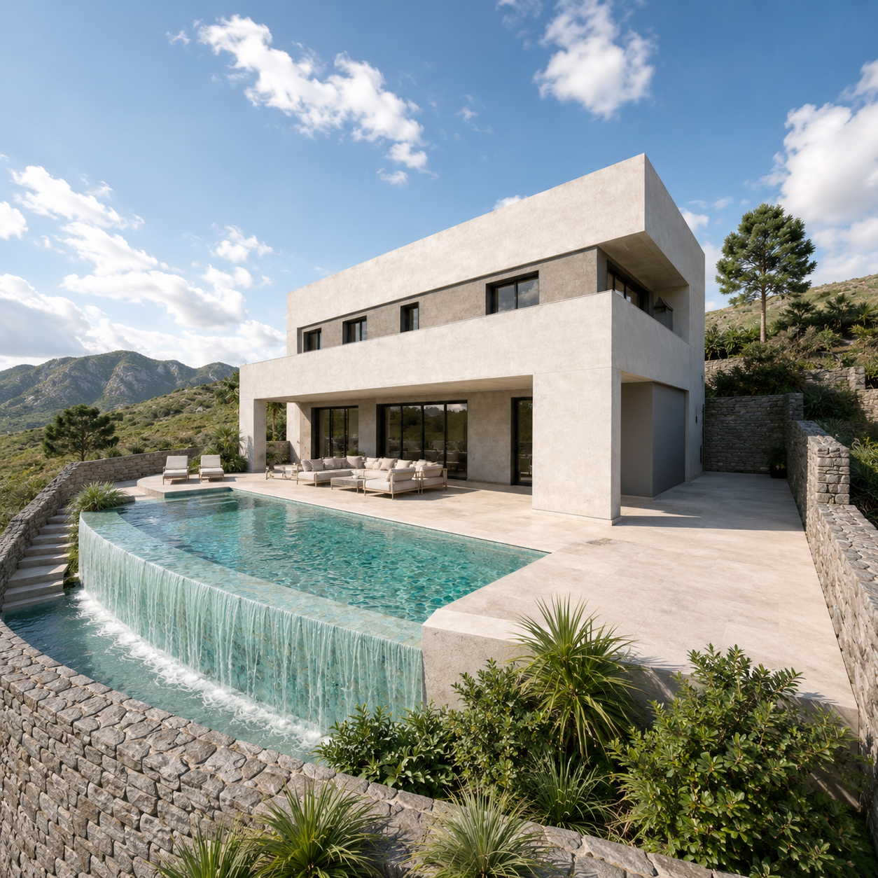Piscine à débordement de Casa Punta Lara avec vues sur la sierra de Almijara et la mer de Nerja (Málaga), architecture résidentielle de Klic Arquitectos